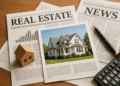 Giornali con notizie immobiliari, grafici finanziari e modello di casa in legno su tavolo