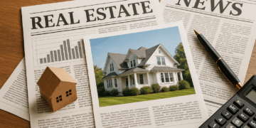 Giornali con notizie immobiliari, grafici finanziari e modello di casa in legno su tavolo