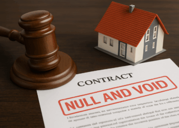 Gavel di legno accanto a un modello di casa e a un contratto annullato per nullità mutuo