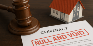Gavel di legno accanto a un modello di casa e a un contratto annullato per nullità mutuo