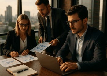 Tre professionisti discutono dati finanziari in ufficio, concetto di Master Servicer e investimenti in NPL