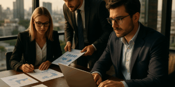 Tre professionisti discutono dati finanziari in ufficio, concetto di Master Servicer e investimenti in NPL
