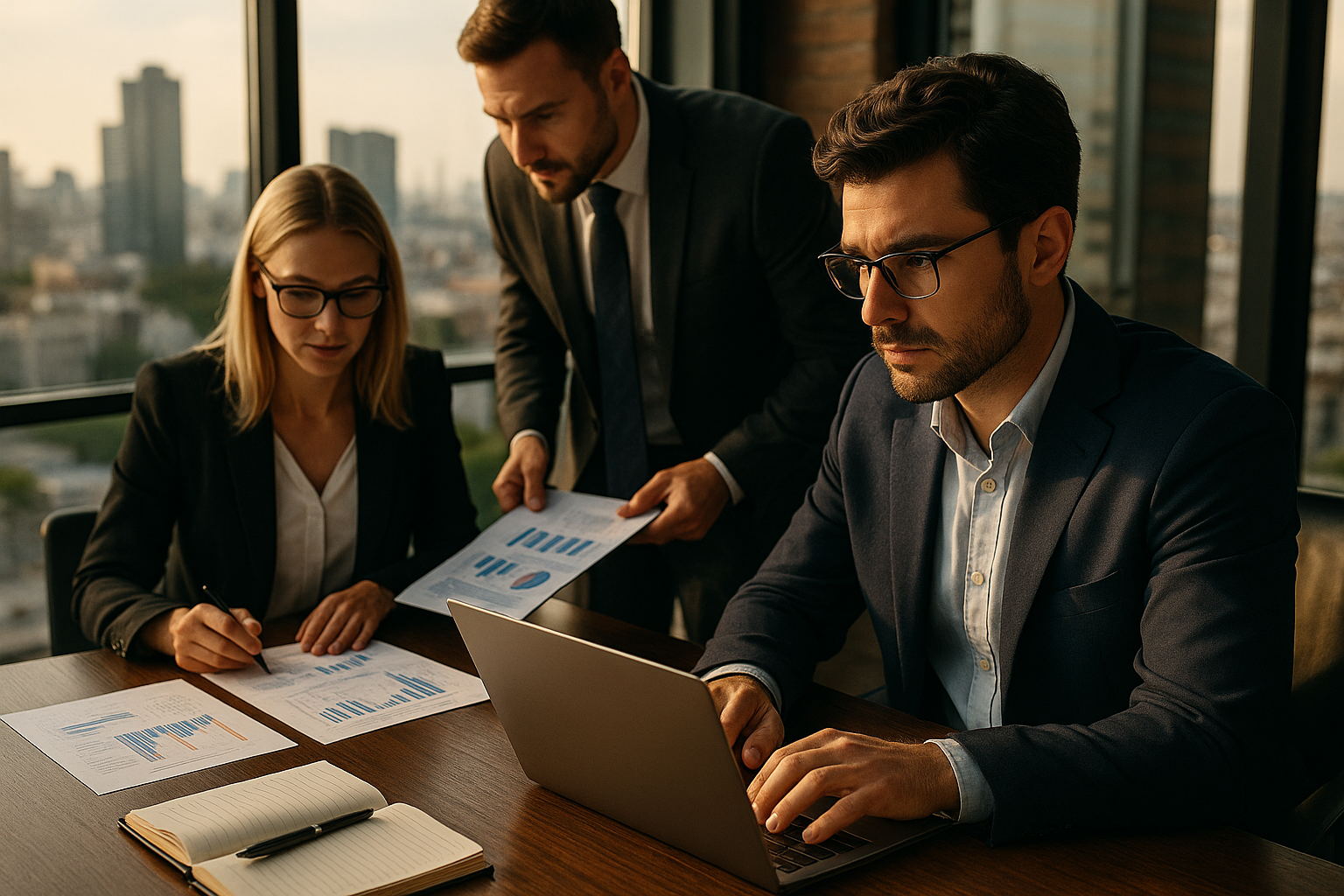 Tre professionisti discutono dati finanziari in ufficio, concetto di Master Servicer e investimenti in NPL