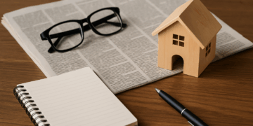 Modello di casa in legno, giornale, taccuino e occhiali su scrivania: concetto di notizie immobiliari