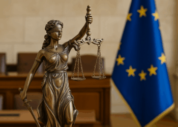 Statua di Lady Justice con bilancia e spada davanti alla bandiera dell’Unione Europea, simbolo del diritto di proprietà