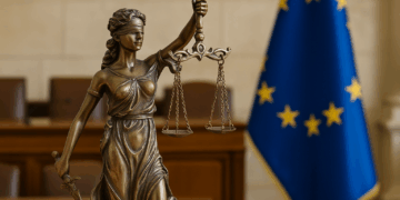 Statua di Lady Justice con bilancia e spada davanti alla bandiera dell’Unione Europea, simbolo del diritto di proprietà