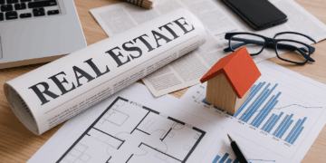 Scrivania con giornale, laptop e modello di casa in legno per notizie immobiliari settimanali