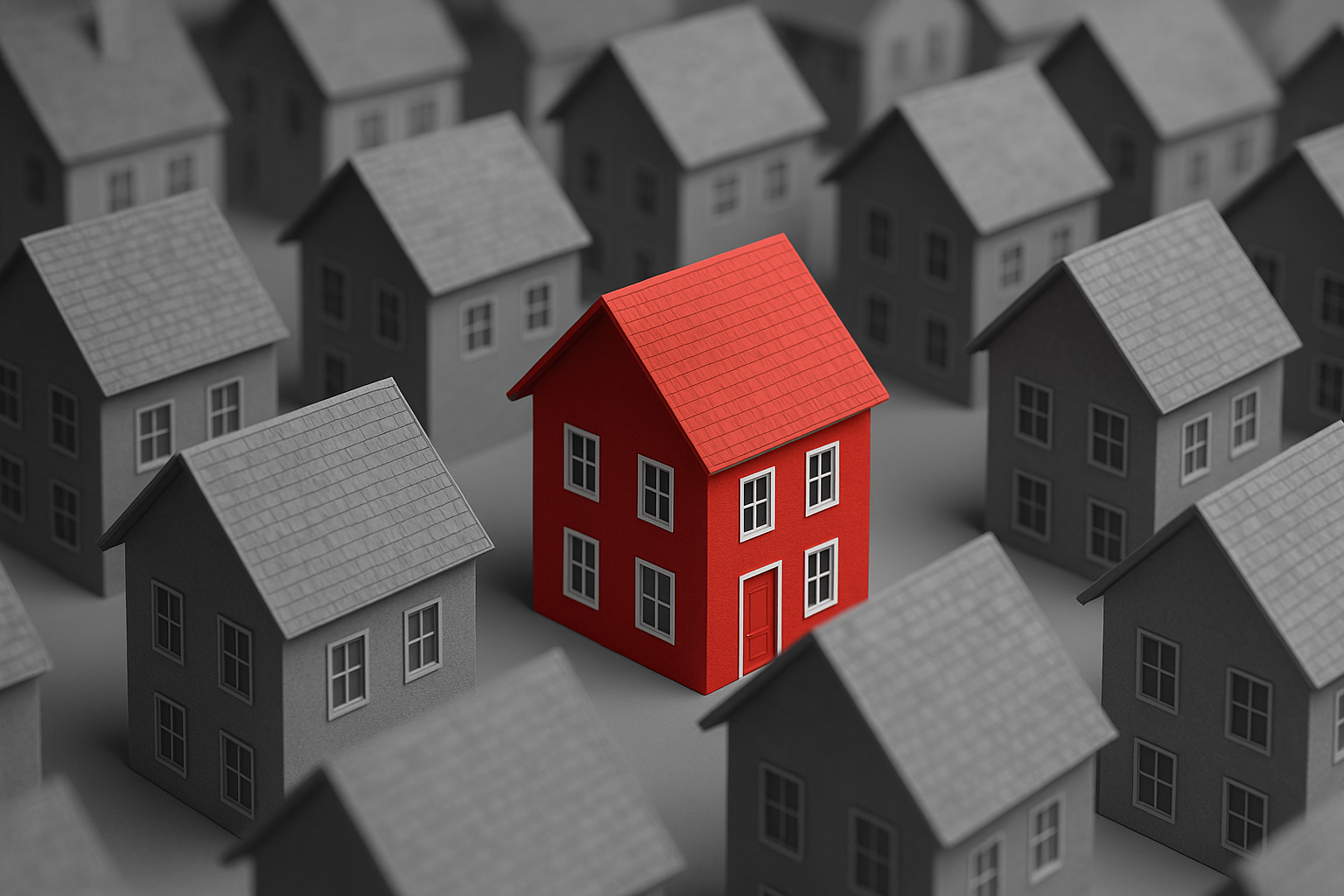 Mutui e mercato immobiliare in Italia rappresentati da una casa rossa tra abitazioni grigie