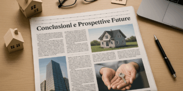 Scrivania ordinata con giornale aperto su notizie immobiliari, modellini di case, occhiali e laptop