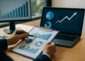 Professionista analizza grafici finanziari su NPE in ufficio moderno con laptop e monitor