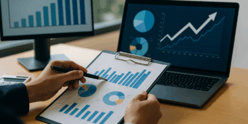 Professionista analizza grafici finanziari su NPE in ufficio moderno con laptop e monitor