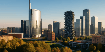 Skyline orizzontale di Milano con grattacieli e natura urbana, rappresentazione del mercato immobiliare di Milano