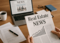 Scrivania con giornale “Real Estate News”, laptop aperto e documenti: rassegna settimanale notizie immobiliari