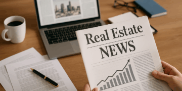 Scrivania con giornale “Real Estate News”, laptop aperto e documenti: rassegna settimanale notizie immobiliari