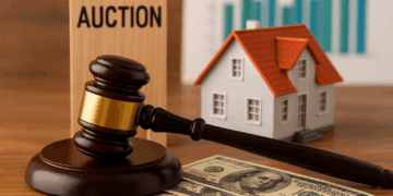 Scena simbolica del mercato delle aste immobiliari con martelletto, casa e banconote su tavolo in legno