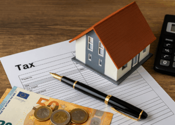 Modello di casa su documenti fiscali con euro e calcolatrice, concetto di detrazione IVA immobili