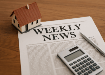 Modellino di casa, calcolatrice e giornale su scrivania: rassegna settimanale notizie immobiliari
