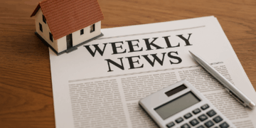 Modellino di casa, calcolatrice e giornale su scrivania: rassegna settimanale notizie immobiliari