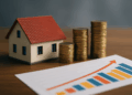Miniatura di casa con pile di monete e grafico di crescita: concetto di investimento immobiliare