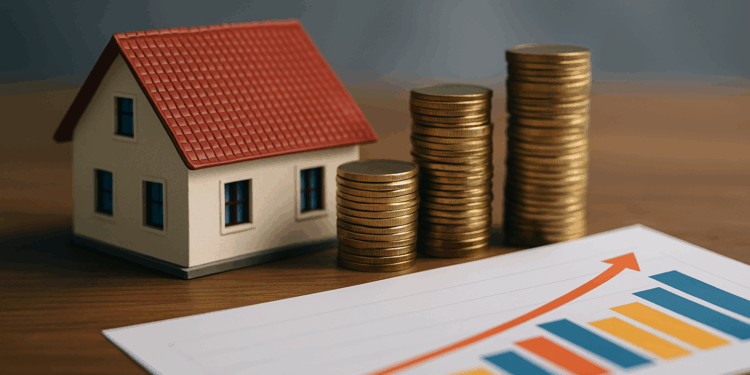Miniatura di casa con pile di monete e grafico di crescita: concetto di investimento immobiliare