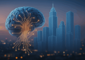 Cervello digitale con circuiti connessi a grattacieli virtuali: simbolo di innovazione immobiliare e AI