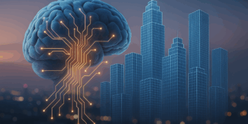 Cervello digitale con circuiti connessi a grattacieli virtuali: simbolo di innovazione immobiliare e AI