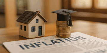 Miniatura di casa accanto a pila di monete con cappello accademico, simbolo di inflazione affitti 2025